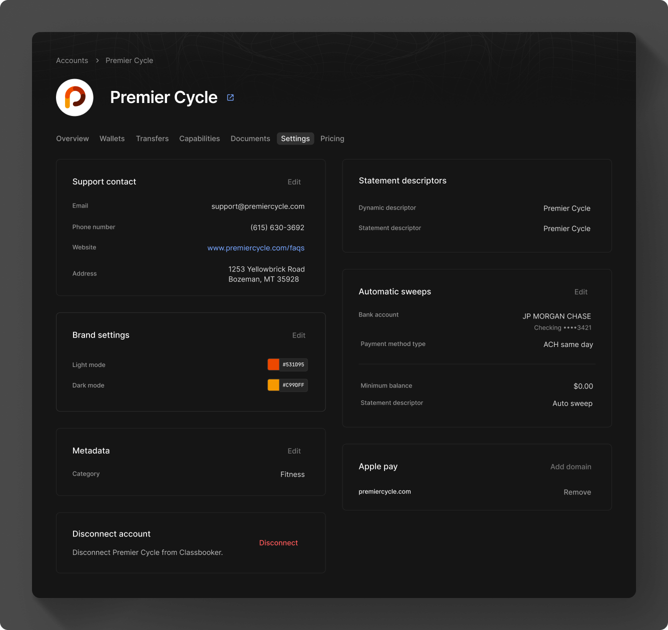 Settings view in the Moov Dashboard