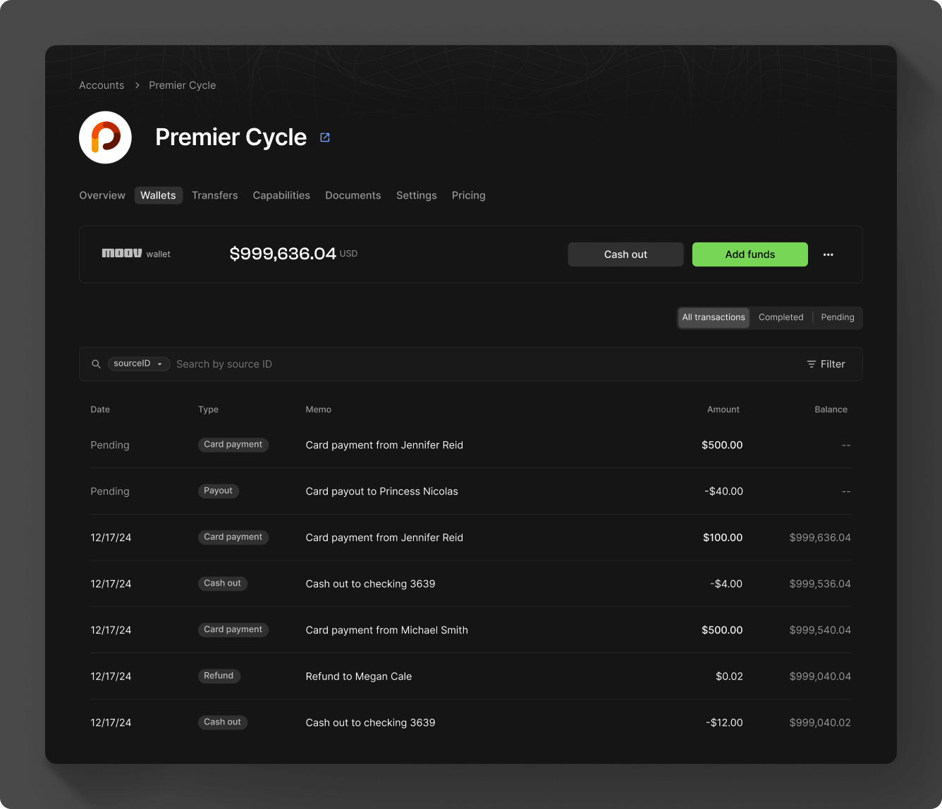 Wallet view in Moov Dashboard