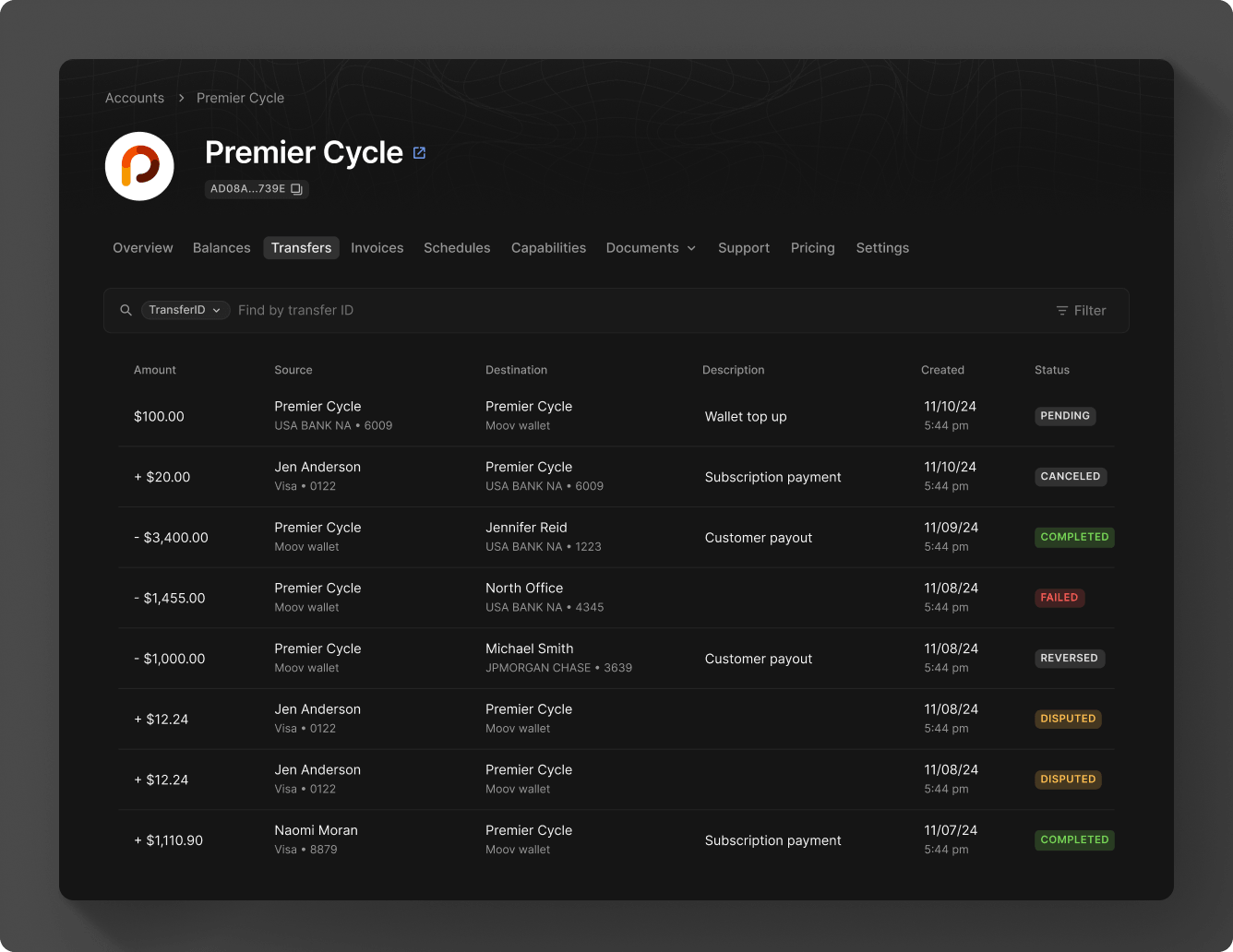 Transfer view in Moov Dashboard