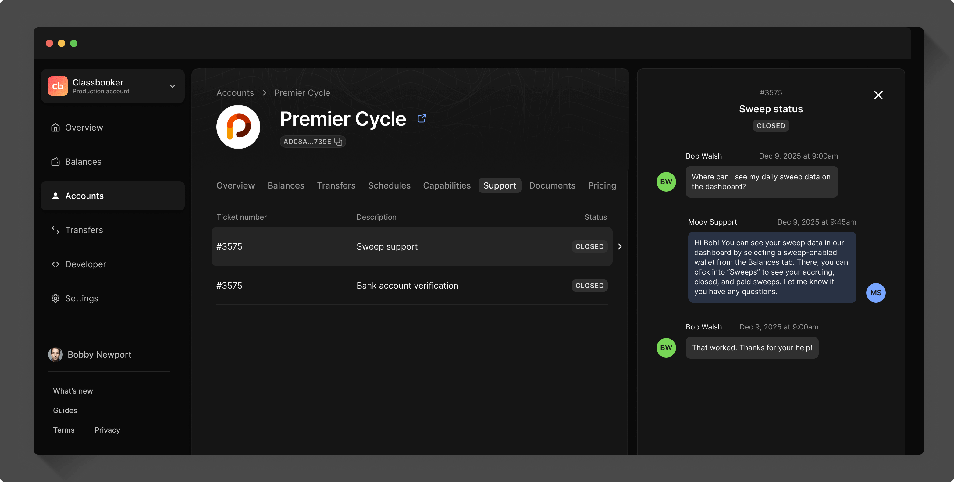Merchant support messages
