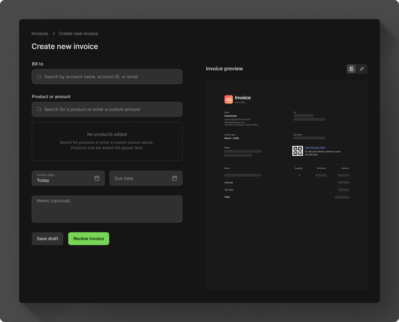 Create invoice in the Dashboard