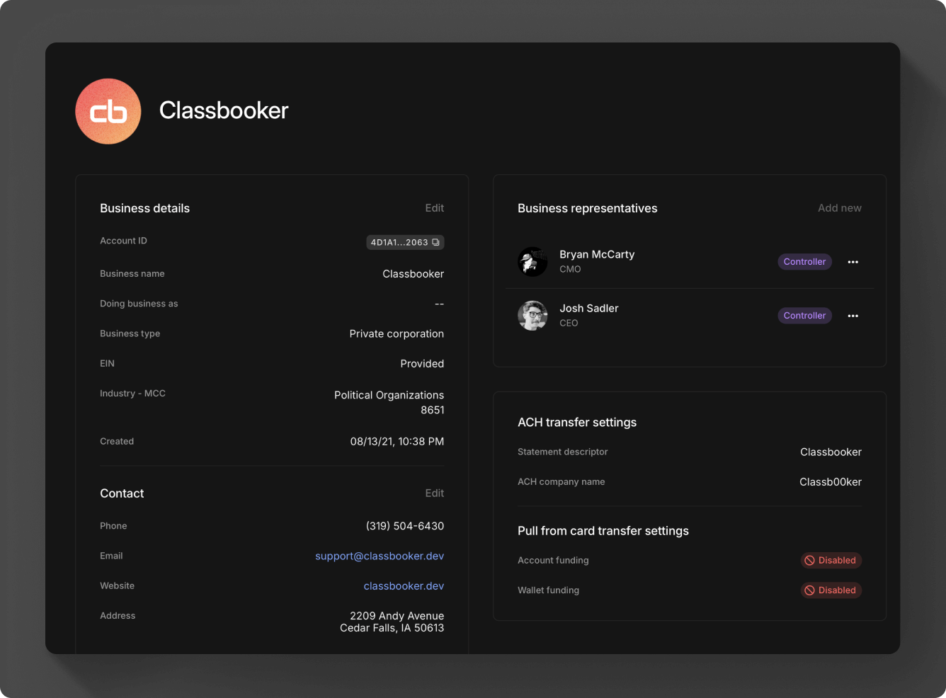 Business detail setting view in Moov Dashboard
