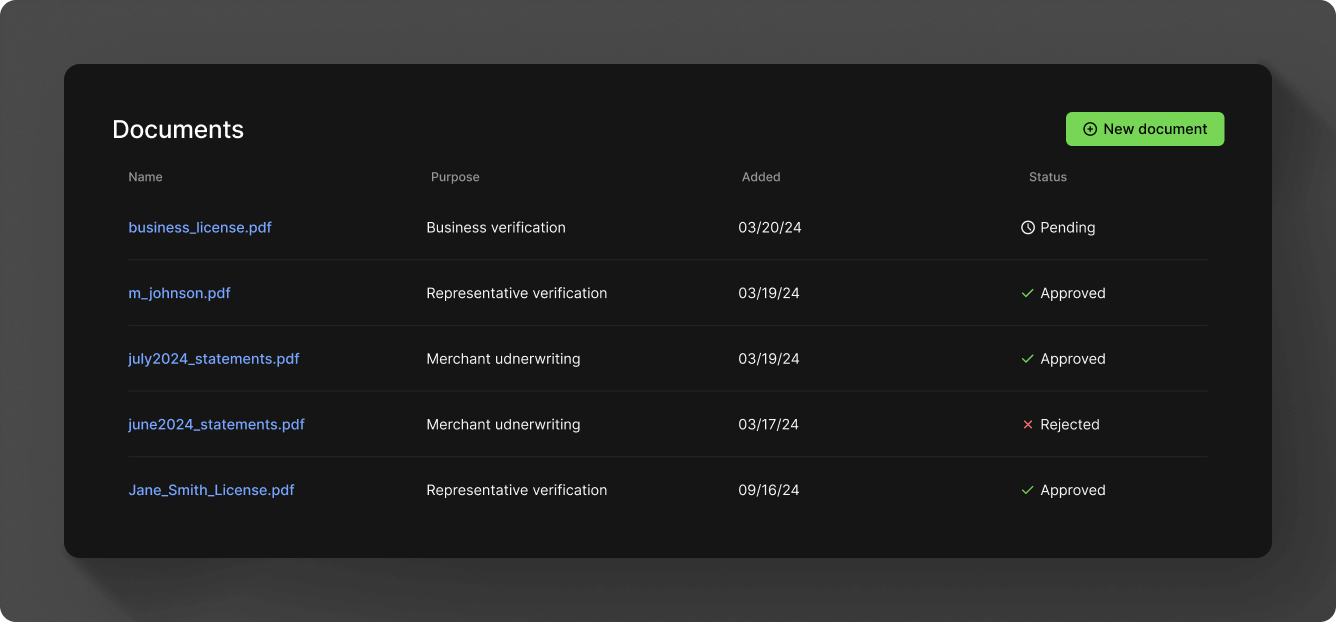 Document list in Moov Dashboard