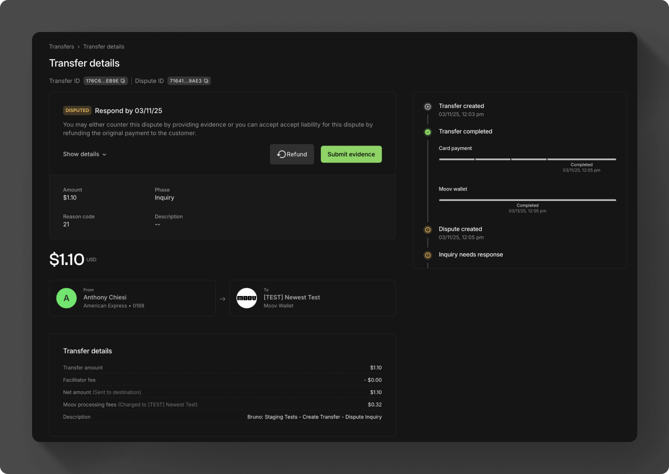 Dispute details in the Dashboard