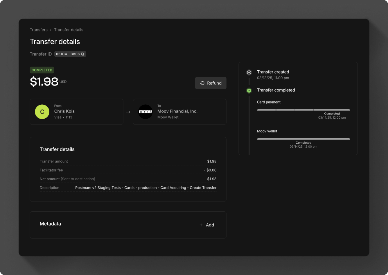 Transfer detail view in Moov Dashboard