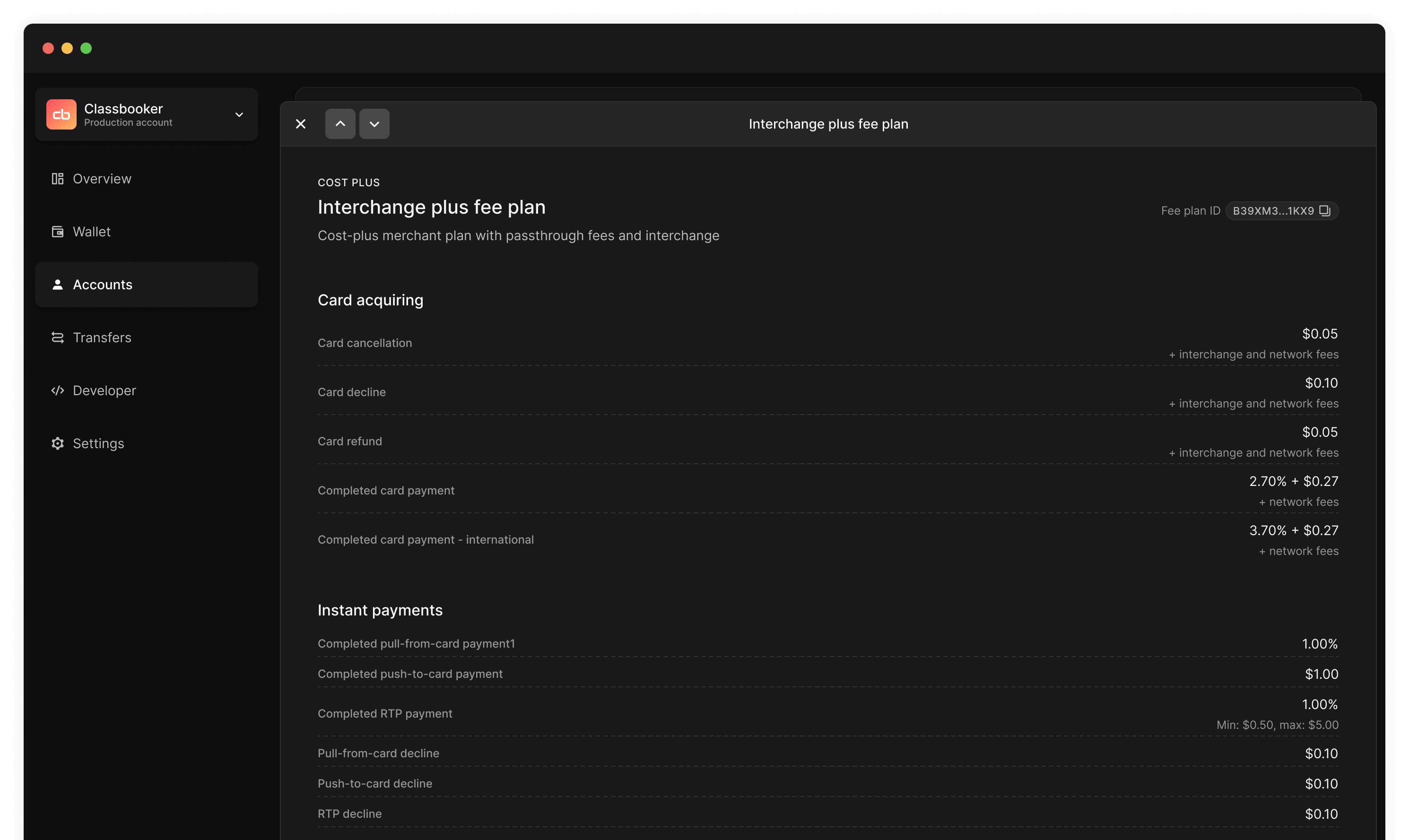 Select a fee plan on the Dashboard