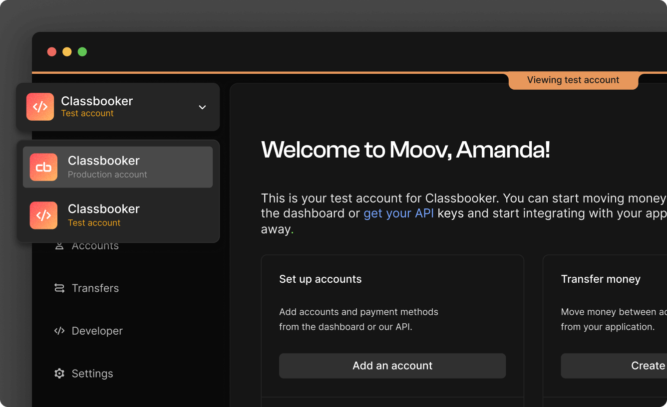 Toggle for test account in Moov Dashboard