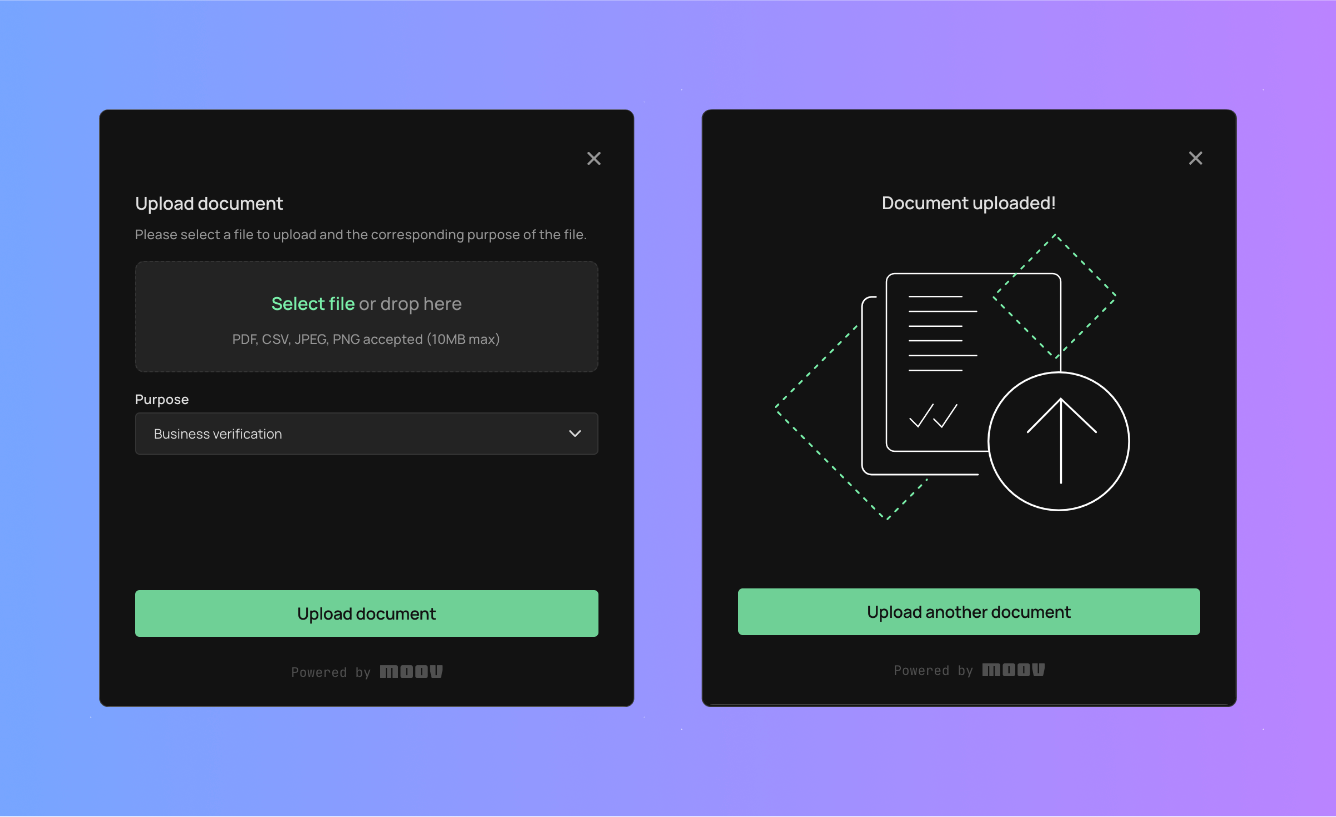 Upload document modal in Moov drop